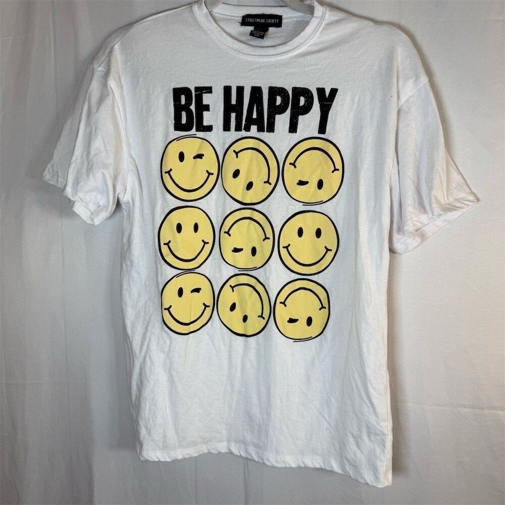 Streetwear Society T-Shirt Women’s Size S White Be Happy Smiley Graphic